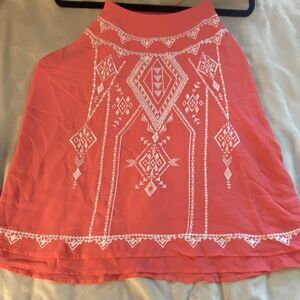 Blu Pepper Coral White Geometric Embroidered Chiffon Tank High Neck Sleeveless L
